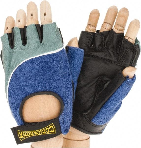 OccuNomix - Size M (8) Leather Anti-Vibration/Impact Protection Work Gloves - For General Purpose, Uncoated, Hook & Loop Cuff, Half Fingered, Black/Blue/Gray, Paired - Makers Industrial Supply