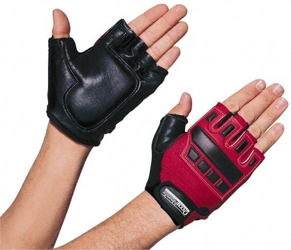 OccuNomix - Size M (8) Cowhide Anti-Vibration/Impact Protection Work Gloves - For General Purpose, Uncoated, Hook & Loop Cuff, Half Fingered, Black/Red, Paired - Makers Industrial Supply