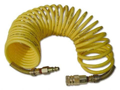 Coilhose Pneumatics - 3/8" ID, 3/8 Thread, 25' Long, Yellow Nylon Coiled & Self Storing Hose - 165 Max psi, Industrial Interchange Coupler x Male Swivel - Makers Industrial Supply