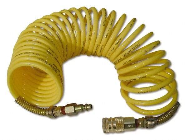 Coilhose Pneumatics - 3/8" ID, 3/8 Thread, 12' Long, Yellow Nylon Coiled & Self Storing Hose - 165 Max psi, Industrial Interchange Coupler x Male Swivel - Makers Industrial Supply