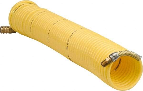 Coilhose Pneumatics - 1/4" ID, 1/4 Thread, 50' Long, Yellow Nylon Coiled & Self Storing Hose - 185 Max psi, Industrial Interchange Coupler x Male Swivel - Makers Industrial Supply