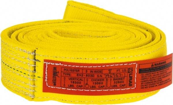 Lift-All - 8' Long x 3" Wide, 16,300 Lb Vertical Capacity, 2 Ply, Polyester Web Sling - 13,000 Lb Choker Capacity, Yellow - Makers Industrial Supply