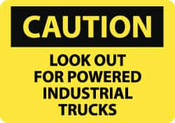 NMC - "Caution - Look Out for Powered Industrial Trucks", 10" Long x 14" Wide, Aluminum Safety Sign - Rectangle, 0.04" Thick, Use for Accident Prevention - Makers Industrial Supply