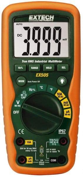 Extech - EX505, CAT IV, 1,000 VAC/VDC, Digital True RMS Multimeter - 40 mOhm, Measures Voltage, Capacitance, Current, Frequency, Resistance, Temperature - Makers Industrial Supply