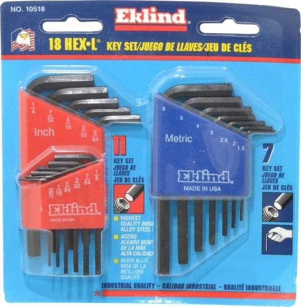 Eklind - 18 Piece L-Key Hex Key Set - Hex Range 0.05 to 1/4" - Makers Industrial Supply