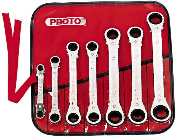 Proto - 7 Piece, 7mm to 21mm, 6, 12 Point Ratcheting Box Wrench Set - Metric Measurement Standard, Chrome Finish, Comes in Pouch - Makers Industrial Supply