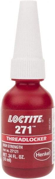 Loctite - 10 mL Bottle, Red, High Strength Liquid Threadlocker - Series 271, 24 hr Full Cure Time, Hand Tool, Heat Removal - Makers Industrial Supply