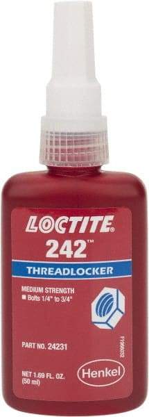 Loctite - 50 mL Bottle, Blue, Medium Strength Liquid Threadlocker - Series 242, 24 hr Full Cure Time, Hand Tool, Heat Removal - Makers Industrial Supply