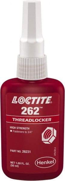 Loctite - 50 mL Bottle, Red, High Strength Liquid Threadlocker - Series 262, 24 hr Full Cure Time, Hand Tool, Heat Removal - Makers Industrial Supply