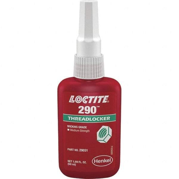 Loctite - 50 mL Bottle, Green, Medium Strength Liquid Threadlocker - Series 290, 24 hr Full Cure Time, Hand Tool, Heat Removal - Makers Industrial Supply