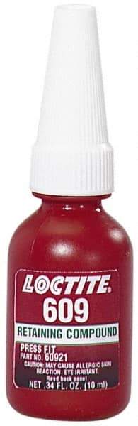 Loctite - 10 mL Bottle, Green, Medium Strength Liquid Retaining Compound - Series 609, 24 hr Full Cure Time, Heat Removal - Makers Industrial Supply