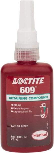 Loctite - 50 mL Bottle, Green, Medium Strength Liquid Retaining Compound - Series 609, 24 hr Full Cure Time, Heat Removal - Makers Industrial Supply