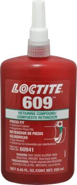 Loctite - 250 mL Bottle, Green, Medium Strength Liquid Retaining Compound - Series 609, 24 hr Full Cure Time, Heat Removal - Makers Industrial Supply