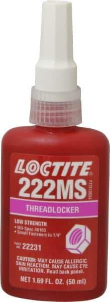 Loctite - 50 mL Bottle, Purple, Low Strength Liquid Threadlocker - Series 222MS, 24 hr Full Cure Time, Hand Tool, Heat Removal - Makers Industrial Supply