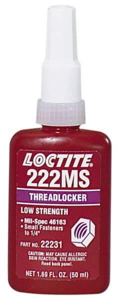 Loctite - 250 mL Bottle, Purple, Low Strength Liquid Threadlocker - Series 222MS, 24 hr Full Cure Time, Hand Tool, Heat Removal - Makers Industrial Supply