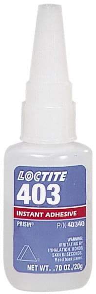 Loctite - 0.70 oz Bottle Clear Instant Adhesive - Series 403, 50 sec Fixture Time, 24 hr Full Cure Time, Bonds to Plastic & Rubber - Makers Industrial Supply