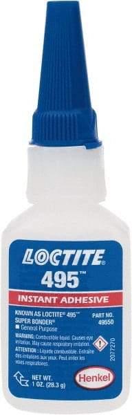 Loctite - 1 oz Bottle Clear Instant Adhesive - Series 495, 20 sec Fixture Time, 24 hr Full Cure Time, Bonds to Metal, Plastic & Rubber - Makers Industrial Supply