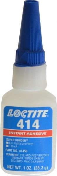 Loctite - 1 oz Bottle Clear Instant Adhesive - Series 414, 20 sec Fixture Time, 24 hr Full Cure Time, Bonds to Metal, Plastic & Rubber - Makers Industrial Supply