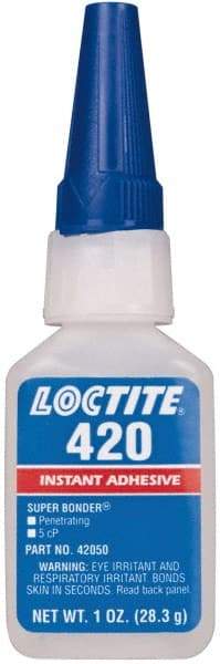 Loctite - 1 oz Bottle Clear Instant Adhesive - Series 420, 20 sec Fixture Time, 24 hr Full Cure Time, Bonds to Metal, Plastic & Rubber - Makers Industrial Supply