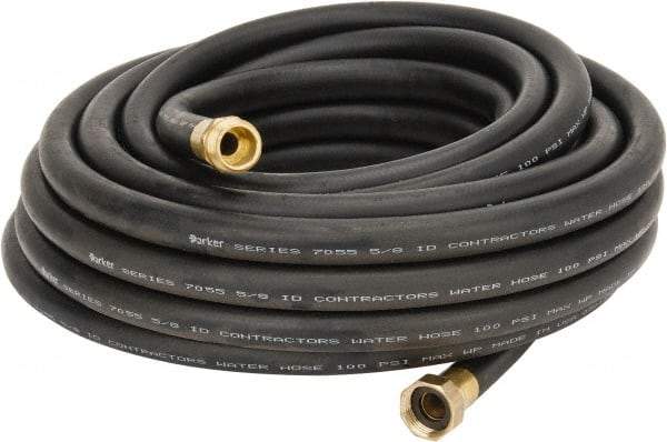 Parker - 50' Long Contractor Hose - 5/8" Diam, 3/4" GHT, Rubber, 100 psi, Black - Makers Industrial Supply