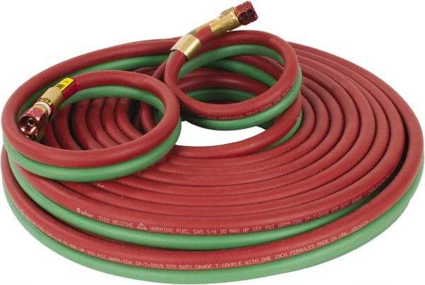 Parker - 1/4" Inside x 17/32" Outside Diam, Grade T Welding Hose - Green & Red, 50' Long, Twin Style, 200 psi Working Pressure - Makers Industrial Supply