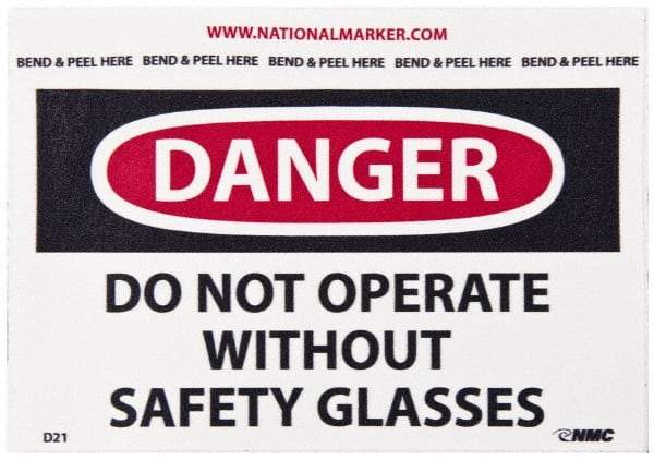 NMC - Accident Prevention Label, Header: DANGER - Legend: Danger - Do Not Operate without Safety Glasses, English, Red, Black & White, 5" Long x 3" High, Sign Muscle Finish - Makers Industrial Supply