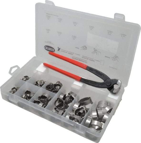 Oetiker - 124 Piece, 5/16 to 1" Diam, 2-Ear Service Clamp Kit - 123 Clamps & 1 Stainless Steel Standard Jaw Pincer - Makers Industrial Supply