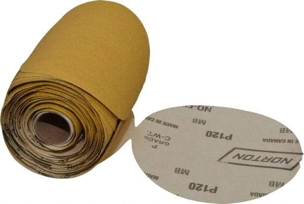 Norton - 5" Diam, 120 Grit Aluminum Oxide Adhesive PSA Disc - Medium Grade, Gold, C Weighted Backing, Flexible - Makers Industrial Supply