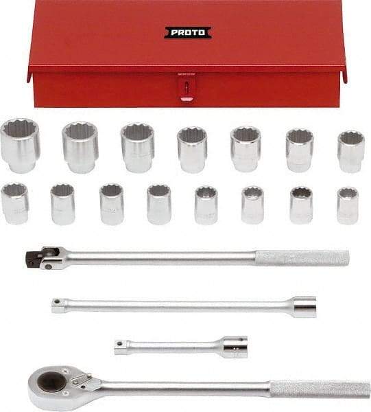 Proto - 19 Piece 3/4" Drive Chrome Finish Socket Set - 12 Points, 24mm to 46mm Range, Metric Measurement Standard - Makers Industrial Supply