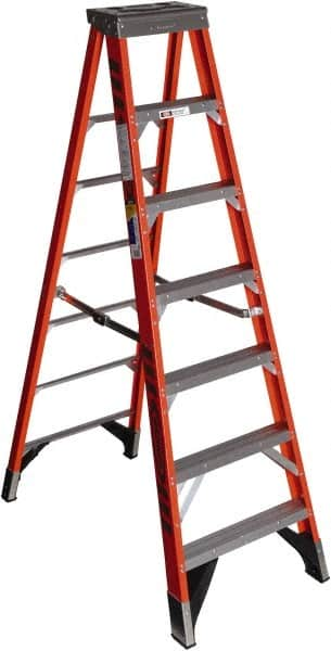 Werner - 6 Steps, 7' High, Type IAA Rating, Fiberglass Step Ladder - 375 Lb Capacity, 26-3/4" Base Width - Makers Industrial Supply