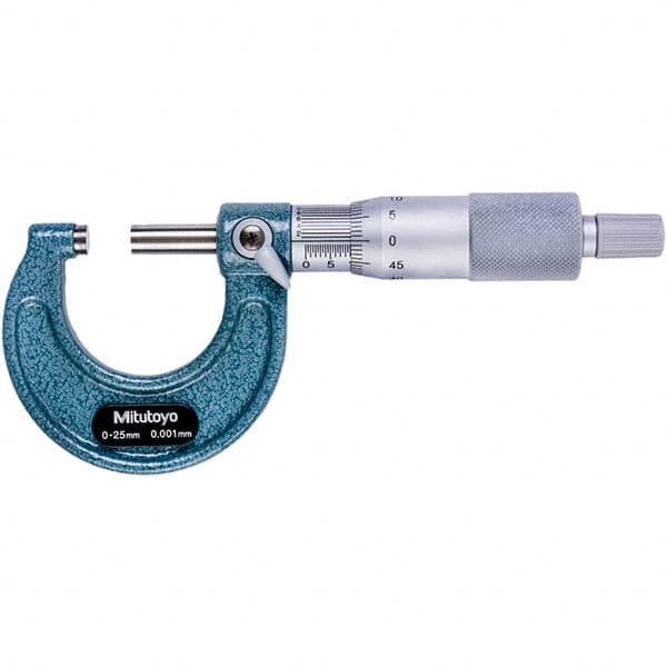 Mitutoyo - 0 to 25mm Range, 0.001mm Graduation, Mechanical Outside Micrometer - Ratchet Stop Thimble, 28mm Throat Depth, Accurate to 0.001mm - Makers Industrial Supply