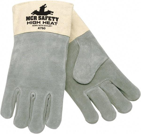 MCR Safety - Size XL, Wool Lined Cowhide Welder's & Heat Protective Gloves - Gauntlet Cuff, Gray, 500°F, Wing Thumb, Pair - Makers Industrial Supply