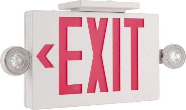 Cooper Lighting - 1 and 2 Face, 2 Head, 120-277 Volt, Thermoplastic, LED Combination Exit Sign - 2-5/16 Inch Wide x 8-1/4 Inch High x 16-9/16 Inch Long, Ceiling, End and Wall Mount, Sealed Nickel Cadmium Battery - Makers Industrial Supply