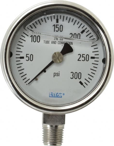 Wika - 2-1/2" Dial, 1/4 Thread, 0-300 Scale Range, Pressure Gauge - Lower Connection Mount, Accurate to 2-1-2% of Scale - Makers Industrial Supply