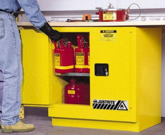 Justrite - 2 Door, 1 Shelf, Yellow Steel Under the Counter Safety Cabinet for Flammable and Combustible Liquids - 35" High x 35" Wide x 22" Deep, Manual Closing Door, 22 Gal Capacity - Makers Industrial Supply