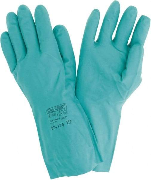 Ansell - Size XL (10), 13" Long, 15 mil Thick, Supported, Nitrile Chemical Resistant Gloves - Textured Finish, Cotton Lined, Straight Cuff, ANSI Abrasion Level 4, ANSI Cut Level 0, Green, FDA Approved - Makers Industrial Supply