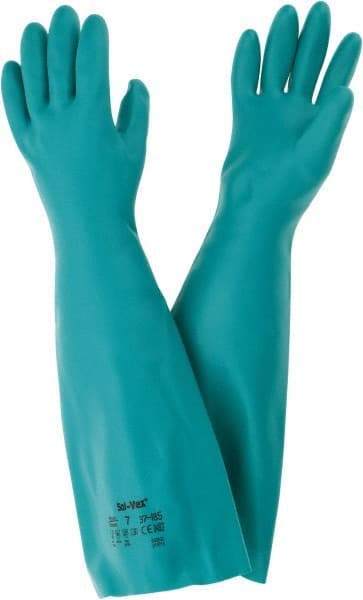 Ansell - Size S (7), 18" Long, 22 mil Thick, Nitrile Chemical Resistant Gloves - Textured Finish, Straight Cuff, ANSI Abrasion Level 5, ANSI Cut Level 0, Green, FDA Approved - Makers Industrial Supply