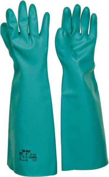 Ansell - Size L (9), 18" Long, 22 mil Thick, Nitrile Chemical Resistant Gloves - Textured Finish, Straight Cuff, ANSI Abrasion Level 5, ANSI Cut Level 0, Green, FDA Approved - Makers Industrial Supply