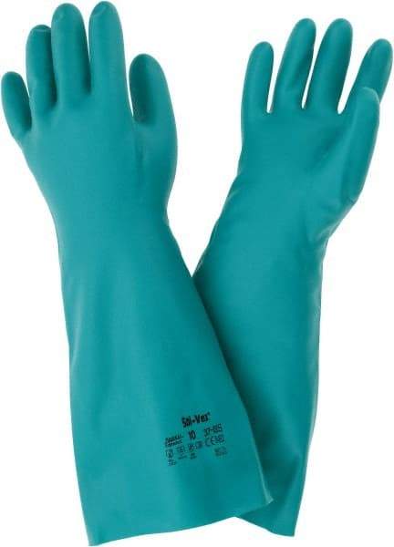 Ansell - Size XL (10), 18" Long, 22 mil Thick, Nitrile Chemical Resistant Gloves - Textured Finish, Straight Cuff, ANSI Abrasion Level 5, ANSI Cut Level 0, Green, FDA Approved - Makers Industrial Supply