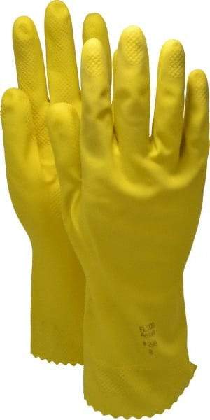 Ansell - Size M (8), 12" Long, 20 mil Thick, Supported, Latex Chemical Resistant Gloves - Textured Finish, Cotton Lined, Gauntlet Pinked Cuff, ANSI Abrasion Level 2, ANSI Cut Level 0, Yellow, FDA Approved - Makers Industrial Supply