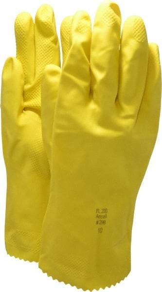 Ansell - Size XL (10), 12" Long, 20 mil Thick, Supported, Latex Chemical Resistant Gloves - Textured Finish, Cotton Lined, Gauntlet Pinked Cuff, ANSI Abrasion Level 2, ANSI Cut Level 0, Yellow, FDA Approved - Makers Industrial Supply