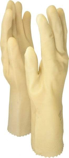 Ansell - Size M (8), 12" Long, 20 mil Thick, Latex Chemical Resistant Gloves - Textured Finish, Gauntlet Pinked Cuff, ANSI Abrasion Level 3, ANSI Cut Level 0, Natural, FDA Approved - Makers Industrial Supply