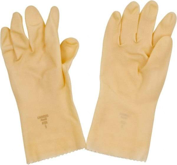 Ansell - Size L (9), 12" Long, 20 mil Thick, Latex Chemical Resistant Gloves - Textured Finish, Gauntlet Pinked Cuff, ANSI Abrasion Level 3, ANSI Cut Level 0, Natural, FDA Approved - Makers Industrial Supply