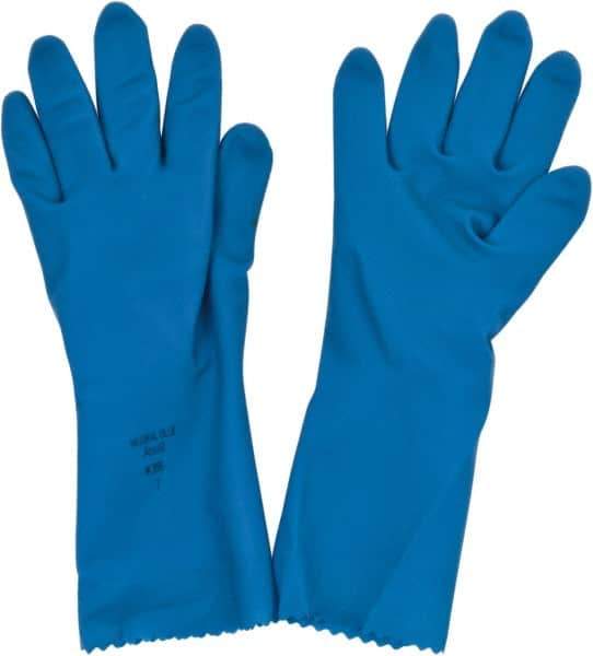 Ansell - Size S (7), 12" Long, 17 mil Thick, Latex Chemical Resistant Gloves - Textured Finish, Gauntlet Pinked Cuff, ANSI Abrasion Level 3, ANSI Cut Level 0, Blue, FDA Approved - Makers Industrial Supply