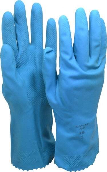 Ansell - Size M (8), 12" Long, 17 mil Thick, Latex Chemical Resistant Gloves - Textured Finish, Gauntlet Pinked Cuff, ANSI Abrasion Level 3, ANSI Cut Level 0, Blue, FDA Approved - Makers Industrial Supply