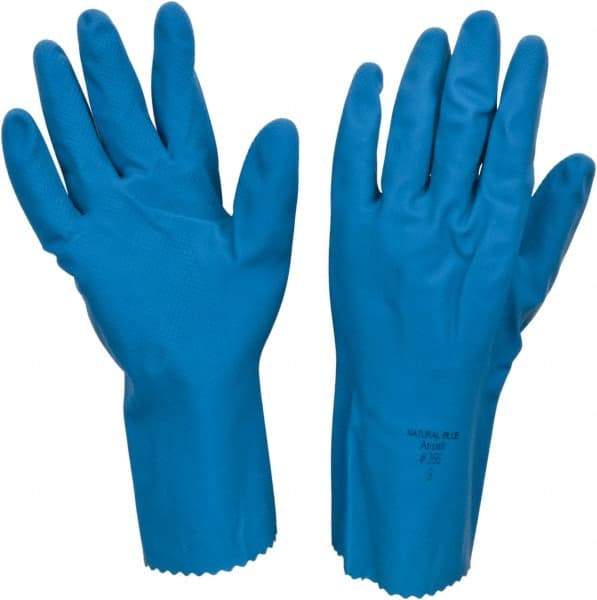 Ansell - Size L (9), 12" Long, 17 mil Thick, Latex Chemical Resistant Gloves - Textured Finish, Gauntlet Pinked Cuff, ANSI Abrasion Level 3, ANSI Cut Level 0, Blue, FDA Approved - Makers Industrial Supply