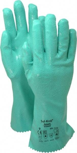 Ansell - Size S (7), 12" Long, 47 mil Thick, Supported, Nitrile Chemical Resistant Gloves - Textured Finish, Cotton Interlock Knit Lined, Gauntlet Cuff, ANSI Abrasion Level 4, ANSI Cut Level 1, Green, FDA Approved - Makers Industrial Supply