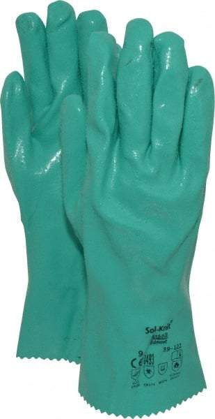 Ansell - Size L (9), 12" Long, 47 mil Thick, Supported, Nitrile Chemical Resistant Gloves - Textured Finish, Cotton Interlock Knit Lined, Gauntlet Cuff, ANSI Abrasion Level 4, ANSI Cut Level 1, Green, FDA Approved - Makers Industrial Supply