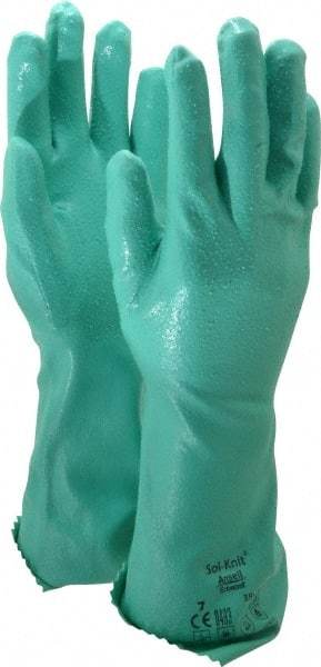 Ansell - Size S (7), 14" Long, 47 mil Thick, Supported, Nitrile Chemical Resistant Gloves - Textured Finish, Cotton Interlock Knit Lined, Gauntlet Cuff, ANSI Abrasion Level 4, ANSI Cut Level 1, Green, FDA Approved - Makers Industrial Supply