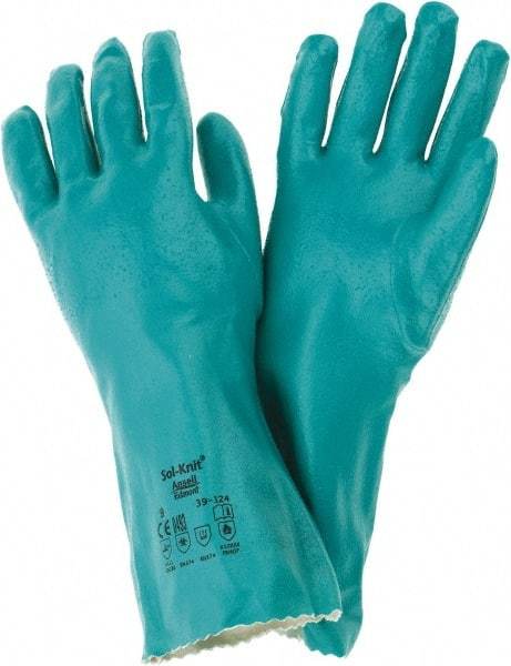 Ansell - Size L (9), 14" Long, 47 mil Thick, Supported, Nitrile Chemical Resistant Gloves - Textured Finish, Cotton Interlock Knit Lined, Gauntlet Cuff, ANSI Abrasion Level 4, ANSI Cut Level 1, Green, FDA Approved - Makers Industrial Supply